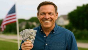 Smiling middle-aged man holding a fan of U.S. hundred dollar bills, standing outdoors with an American flag in the background.