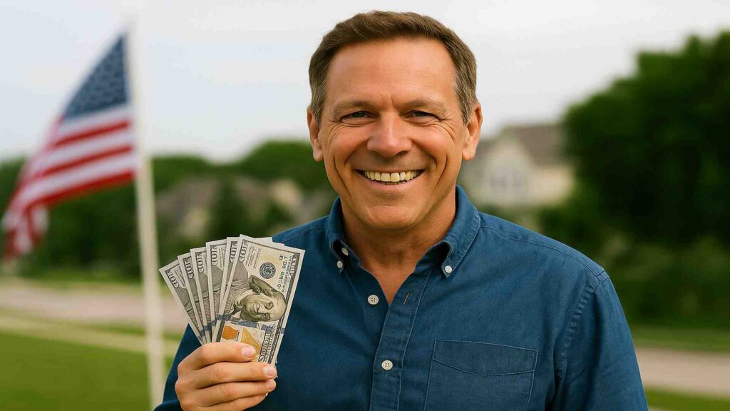 Elinde yüz dolarlık banknotlar tutan, gülümseyen orta yaşlı bir adam; arka planda Amerikan bayrağı dalgalanıyor.