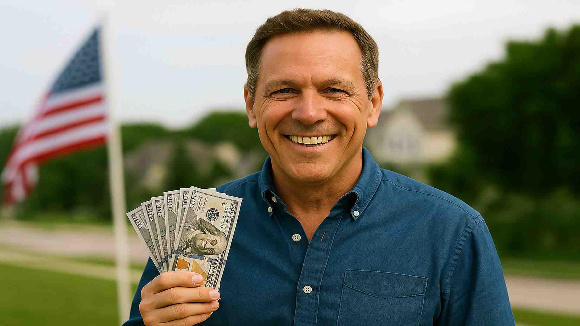 Smiling middle-aged man holding a fan of U.S. hundred dollar bills, standing outdoors with an American flag in the background.